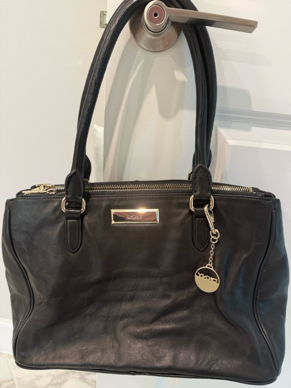 DKNY Black Leather Shoulder Tote with Gold Tone Accents